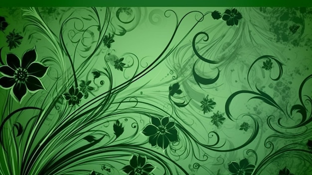 A green background with flowers and leaves on it