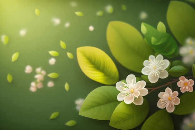 A green background with flowers and leaves.