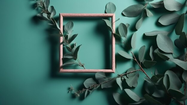 A green background with a frame and eucalyptus leaves.