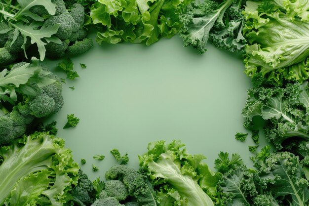 Photo green background with frame of lettuce and broccoli background with copy space