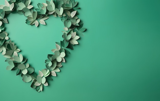 Green background with a heart made of green leaves