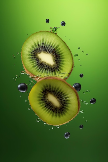 A green background with a kiwi fruit and blackberries.