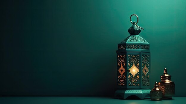 A green background with a lantern in the middle that says ramadan.