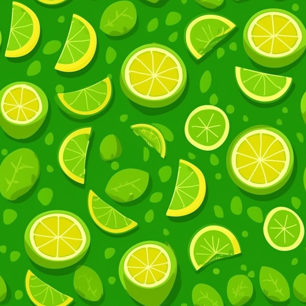 緑の背景にレモンのスライスと葉が生み出されます
