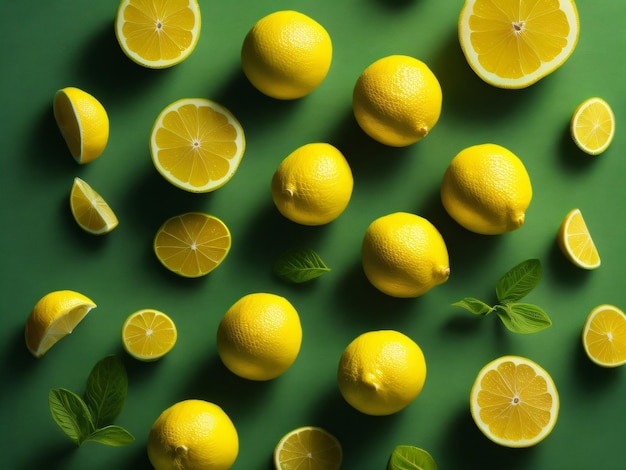 Зеленый фон с лимонами и лаймами на нем