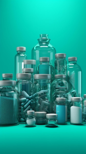 A green background with a lot of bottles of pills and a bottle of pills