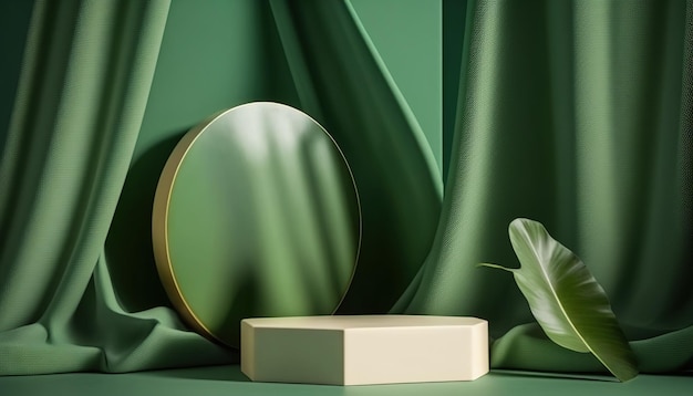 A green background with a mirror and a flower on it.