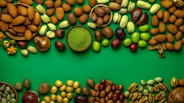 A green background with nuts and seeds on it
