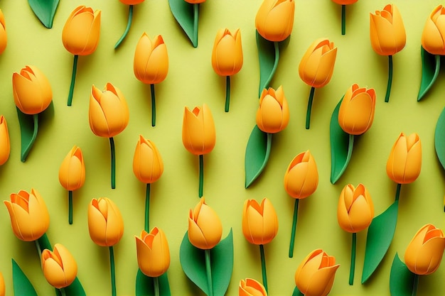A green background with orange tulips and one that says " tulips ".