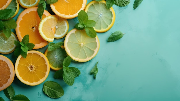 A green background with oranges, lemons, and mint leaves on it.