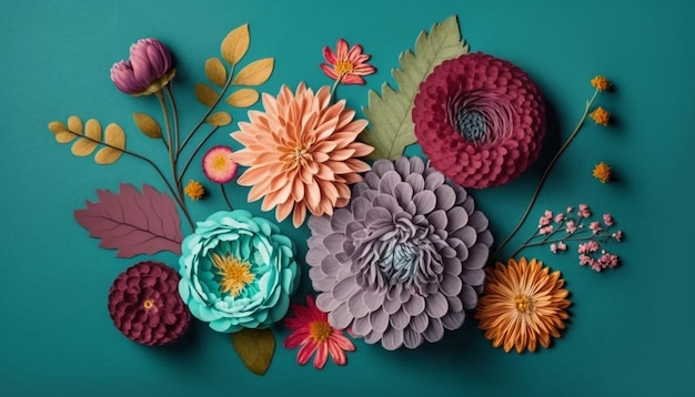 A green background with paper flowers and leaves on it.