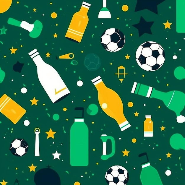 a green background with a pattern of bottles and a bottle of beer.