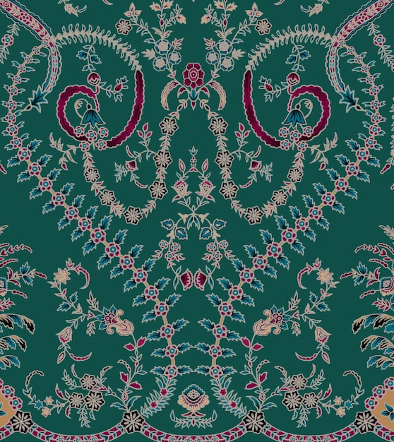 A green background with a pattern of flowers and leaves.