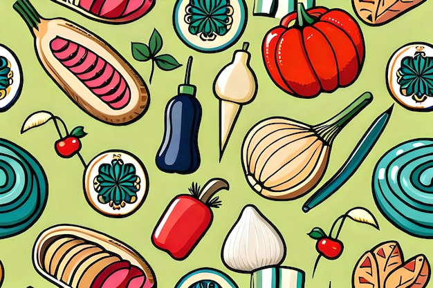 A green background with a pattern of food including a fruit, vegetables, and a bottle of water.