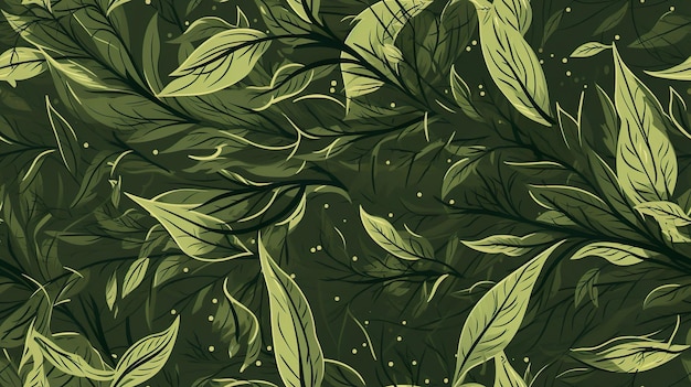 A green background with a pattern of leaves and flowers