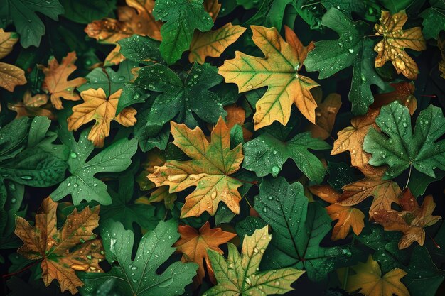 Green background with perfect autumn leaf colors for seasonal use