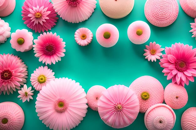 A green background with pink flowers and a green background