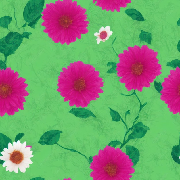 A green background with pink flowers and leaves.