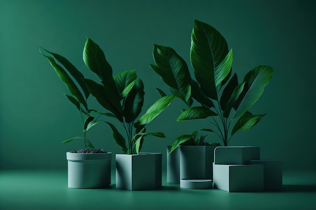 A green background with a plant in a pot and a white box with a green background.