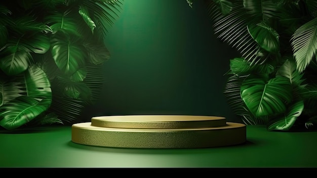 A green background with a podium in the middle