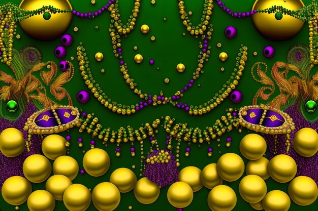 Photo a green background with purple beads and a gold bow.