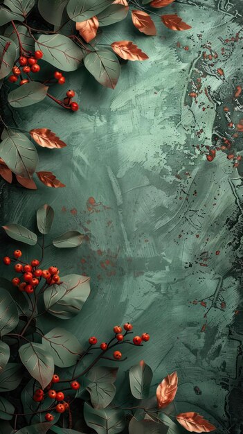 a green background with red berries and leaves scattered across it