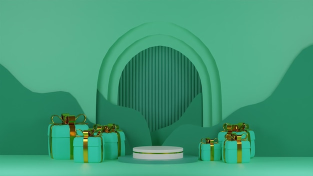 Photo a green background with a row of presents on it.