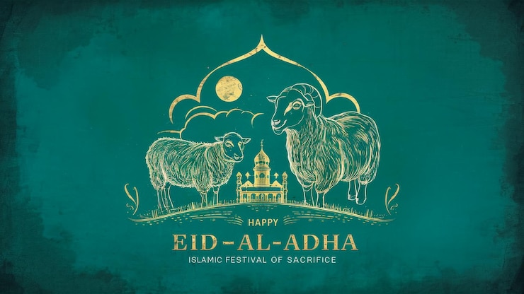 Photo a green background with sheep and a mosque on it