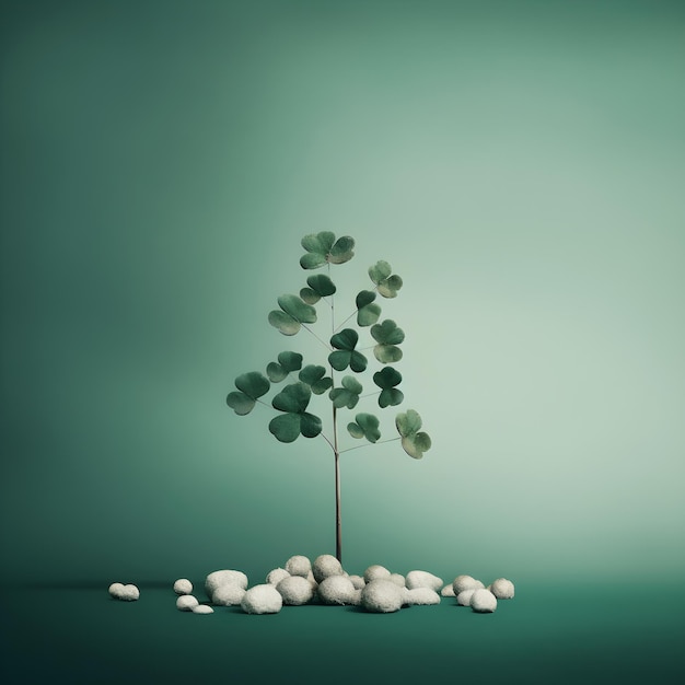 A green background with a tree and white pebbles.