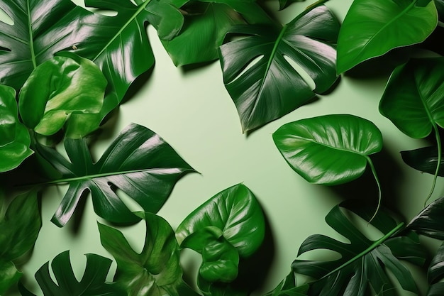 A green background with tropical leaves
