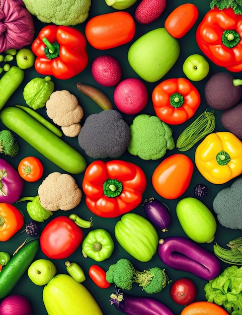 Зеленый фон с различными овощами, включая брокколи, цветную капусту и цветную капусту.