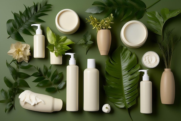 A green background with various bottles of soap and a plant on it.