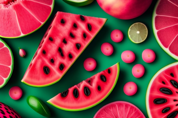 A green background with watermelon slices and limes.