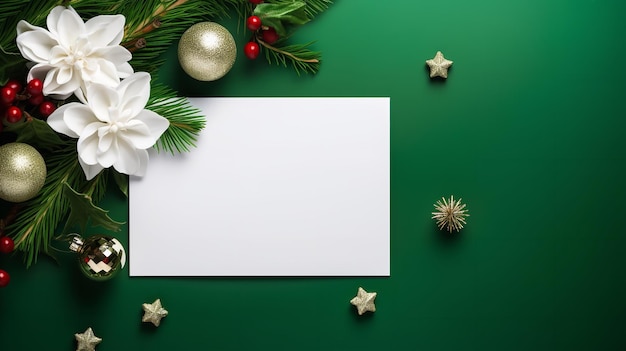 Photo green background a with white blank paper encircled by christmas flowers and pine leaves generative ai