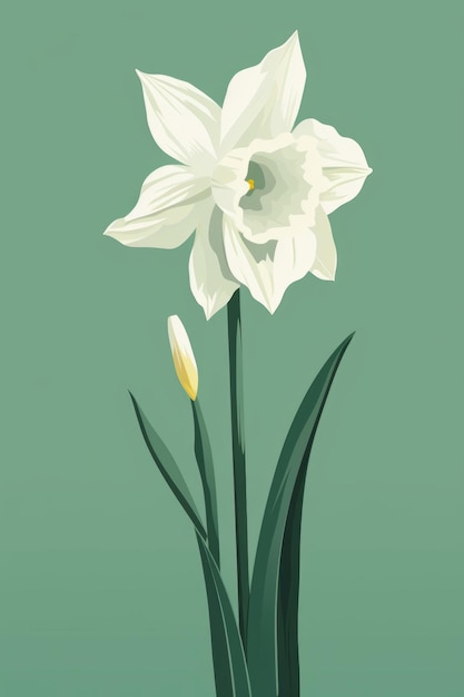 A green background with a white daffodil flower and a yellow flower.