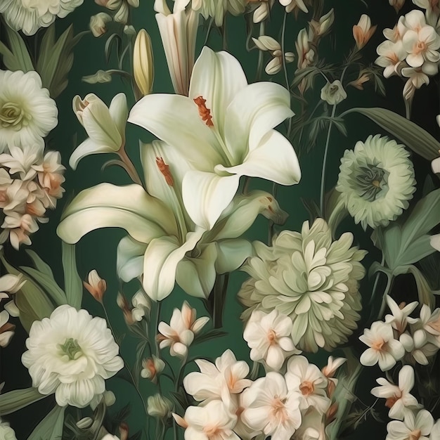 Green background with white flowers Generative AI