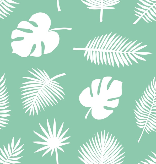 A green background with white leaves and palm leaves