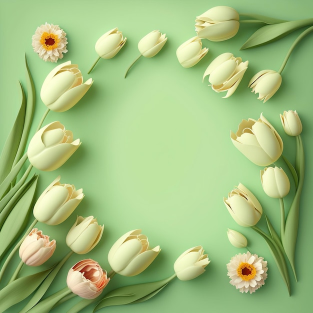 A green background with white tulips and one has a white flower on it