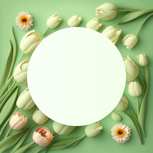 A green background with white and yellow tulips and a round circle