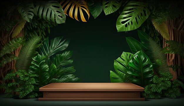 A green background with a wooden podium and tropical leaves.