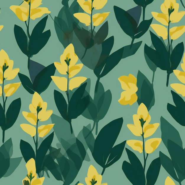A green background with yellow flowers and green leaves.