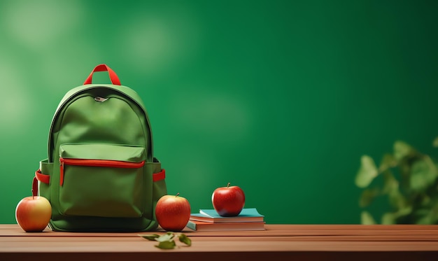 a green backpack and books on a table