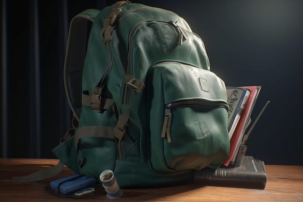 A green backpack with a book on it and a book on the right