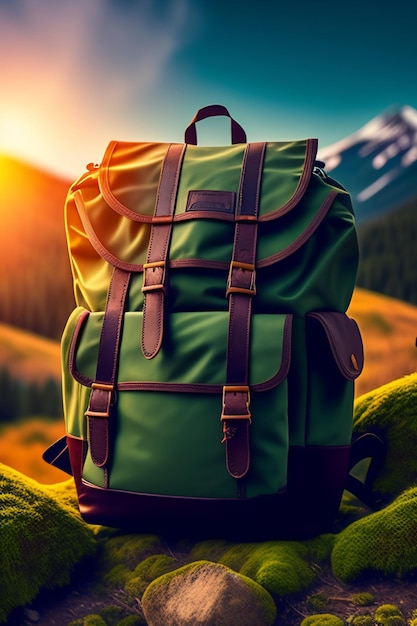 A green backpack with a mountain in the background