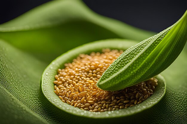 a green bag of seeds with a black background