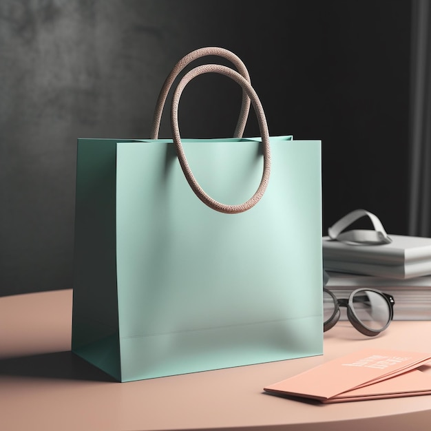 A green bag with a brown handle sits on a table next to a pair of glasses.