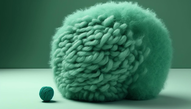 A green ball of wool sits next to a green ball of wool.