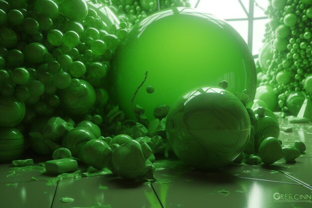 Green balloons and balls on a tiled floor