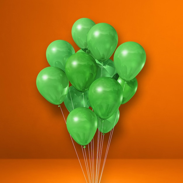 Green balloons bunch on orange wall background. 3D illustration render