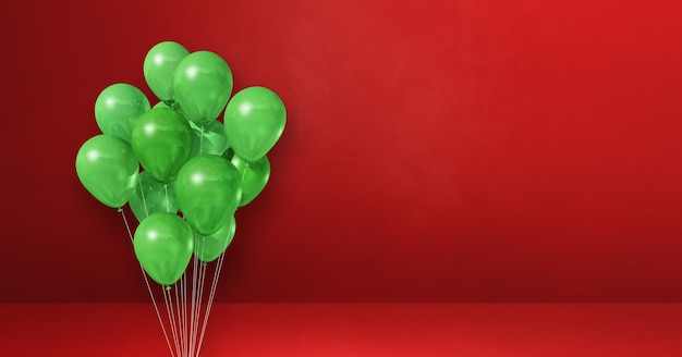 Green balloons bunch on a red wall background. . 3D illustration render